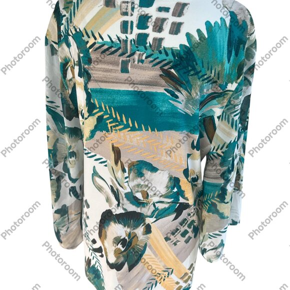 JM Collection Large Teal Floral Beaded VNeck 3/4 Sheer Sleeve Blouse - Picture 2 of 7